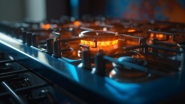 Les flammes bleues dansent sur la cuisinière à gaz Generative ai
