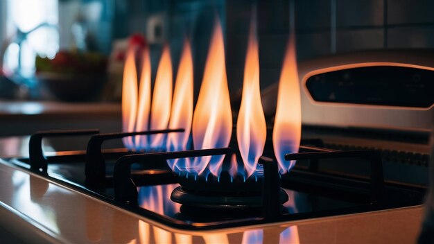 Des flammes bleues de gaz brûlant d'un poêle à gaz de cuisine