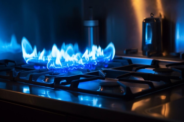Flammes bleues de gaz naturel à la cuisine
