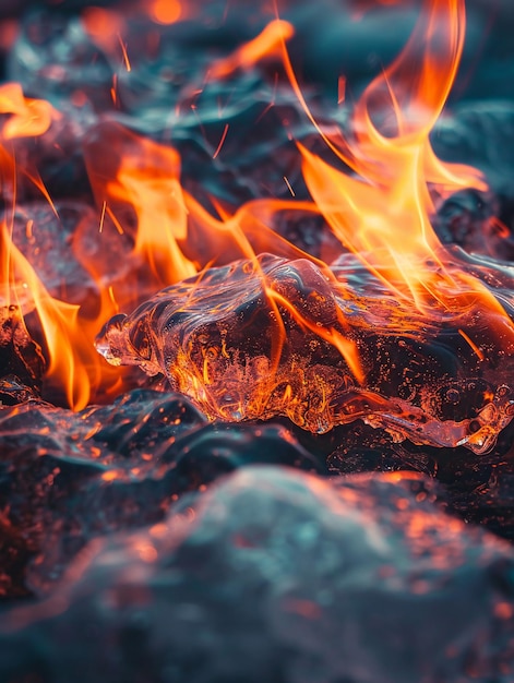 Des flammes brûlantes se transforment en glace, une transition éthérée, une lueur fantastique, une scène de crépuscule détaillée.