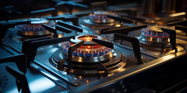 Les flammes brûlent sur une cuisinière à gaz dans une cuisine avec une ai générative de lumière bleue