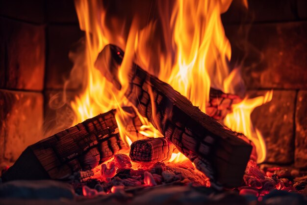 Des flammes chaleureuses, du bois de chauffage dans une cheminée en pierre, le confort du foyer