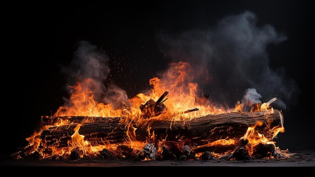 Des flammes énormes brûlant un grand vieux tronc sans arrière-plan