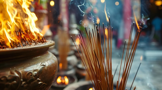 Photo des flammes et de la fumée s'élèvent du brûleur d'encens cérémoniel