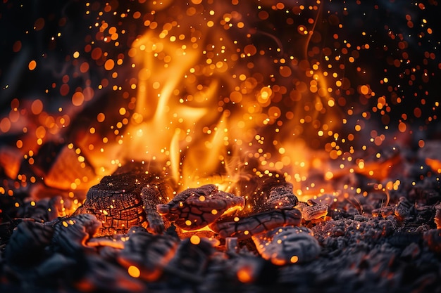 Photo des flammes intenses et des braises étincelantes dans un feu nocturne vif