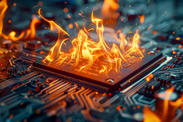 Des flammes intenses engloutissent une puce électronique sur une carte de circuit imprimé représentant la surchauffe ou la cybersécurité