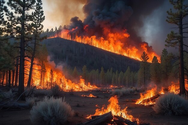 Des flammes intenses d'un énorme incendie de forêt éclairent la nuit alors qu'elles font rage à travers les forêts de pins et les broussailles de sauge.