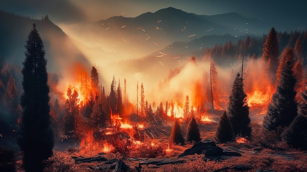 Flammes intenses d'un incendie de forêt massif Les flammes illuminent la nuit alors qu'elles font rage à travers les forêts de pins et les broussailles de sauge AI générative