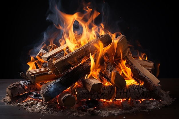 Des flammes rayonnantes, un feu de camp et du bois sur un fond blanc