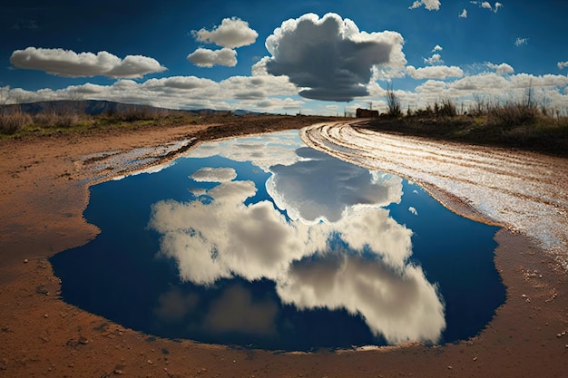 Flaque d'eau avec un reflet du ciel et des nuages par une journée ensoleillée