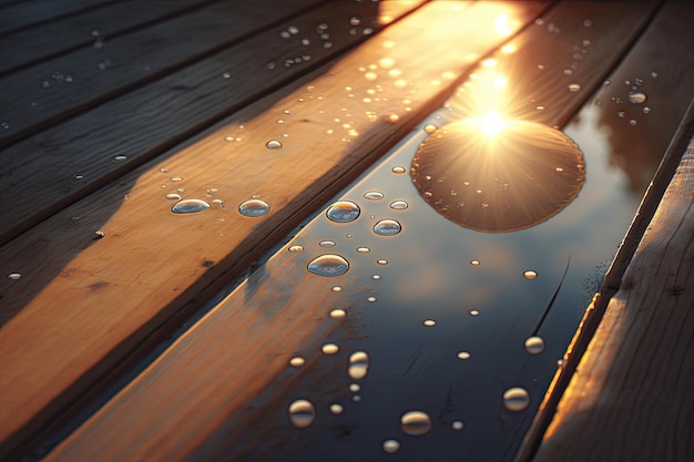 Flaque d'eau sur une terrasse en bois avec des gouttes de pluie reflétant la lumière du soleil