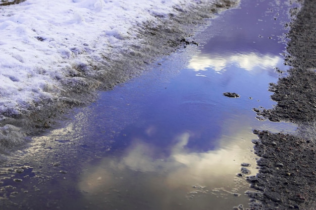 flaque glacée d'hiver sur la route avec réflexion du ciel sombre