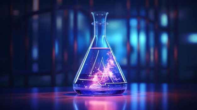 Photo flasque d'erlenmeyer avec liquide en verre chimique incandescent