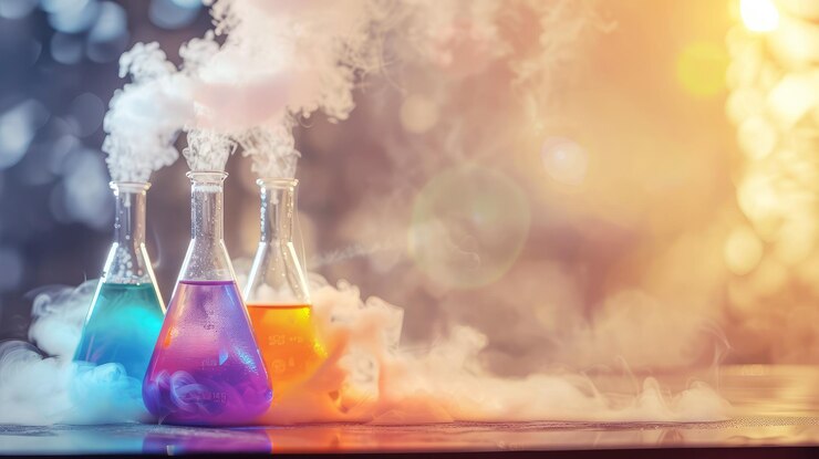 Photo flasques chimiques en verre avec des liquides à fumer de couleur sur un fond clair