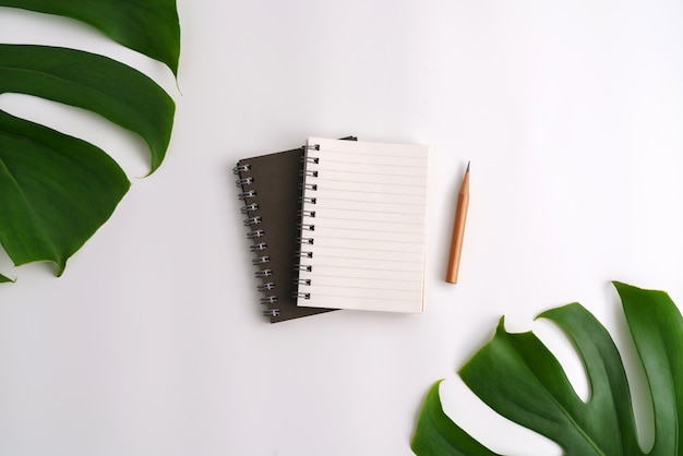 Flat lay. de bureau blanc avec des feuilles vertes.