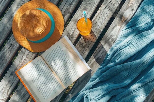 Photo flat lay of blue towel orange straw hat book glass of juice on wooden background