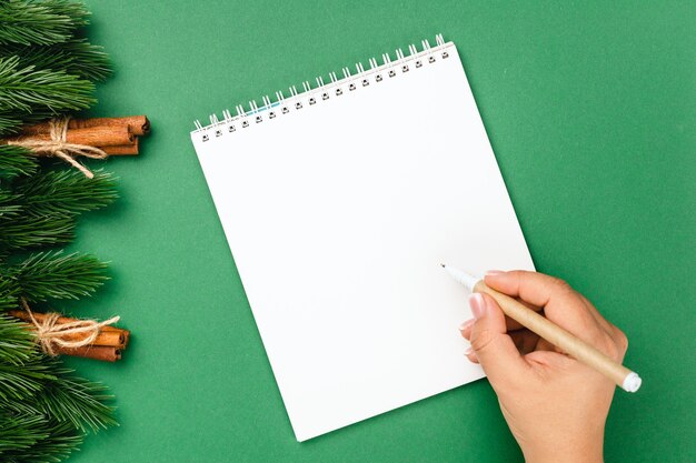 Flat lay woman hand écrire une lettre au père Noël sur une table verte décorée d'une branche d'arbre de Noël