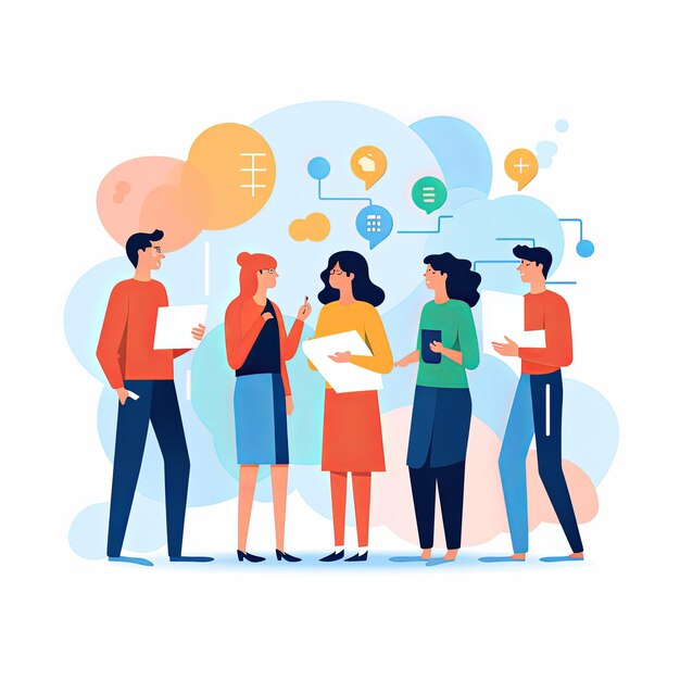 Photo flat vector style illustration a diverse group of people talking and collaborating