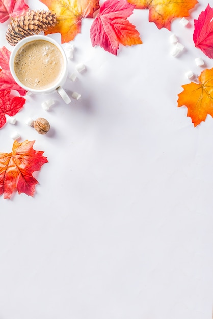 Flatlay d'automne avec Cappuccino ou chocolat chaud