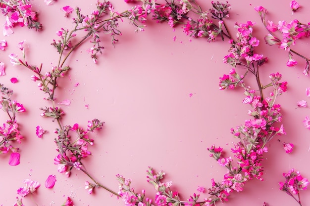 Flatlay féminin romantique avec cadre floral naturel et espace de copie pour les valentins de la fête des mères