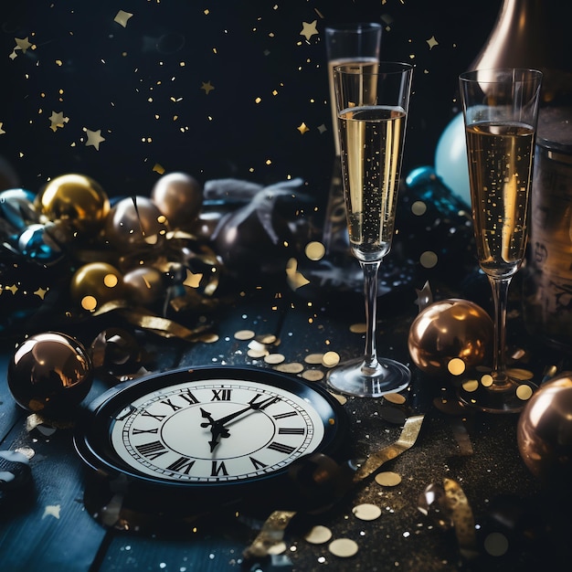 Photo un flatlay de la veille du nouvel an avec des poppers de fête des flûtes de champagne et une horloge