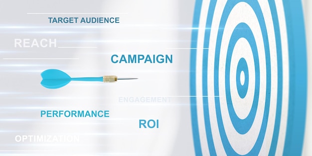 La flèche bleue volant vers le centre d'une cible entourée de mots tels que audience cible atteinte performance de la campagne ROI et optimisation symbolisant la précision et le succès du marketing