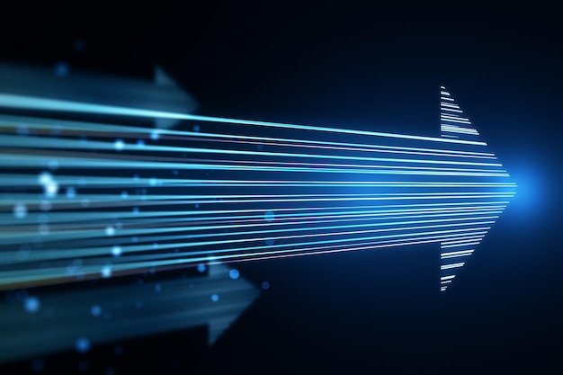Flèche numérique lumineuse et créative composée de lignes technologiques bleues sur fond d'écran sombre Technologie du marché et concept de pointe Rendu 3D