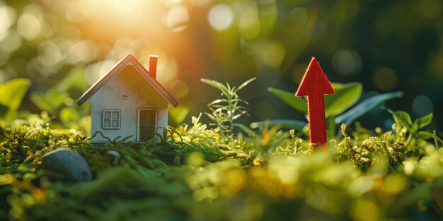 une flèche rouge pointant vers le haut avec de l'herbe verte et un modèle de maison sur un fond flou