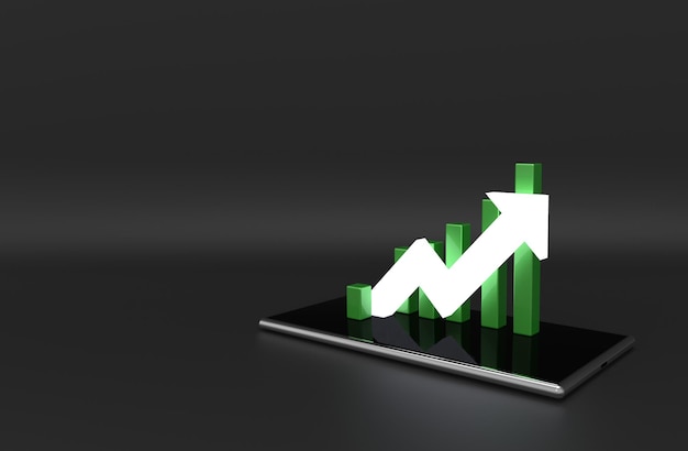 Flèche verte et graphique sur téléphone mobile Concept d'entreprise en croissanceRendu 3D