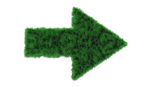 Flèche verte avec rendu 3D de texture d'herbe sur fond blanc