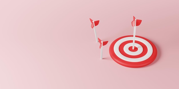 Les flèches blanches rouges frappent le tableau de fléchettes cible sur fond rose Stratégie de cible d'affaires signe d'icône bullseye Gestion d'objectif de marketing en ligne concept de défi de point réussi rendu 3D