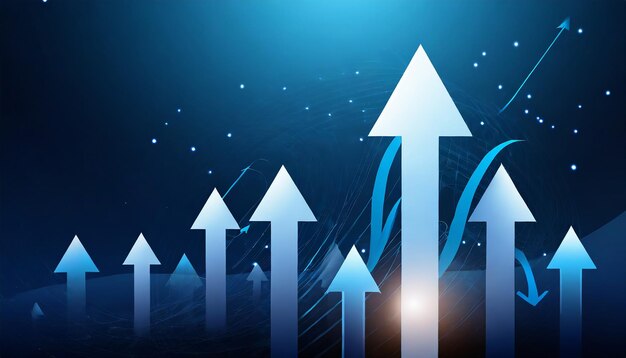 Photo flèches vers le haut sur un fond bleu foncé avec une grande flèche développement de la croissance de l'entreprise