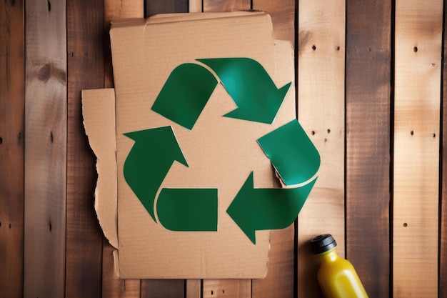 Flèches vertes signe de recyclage et papier sur fond de bois créé à l'aide de la technologie générative ai