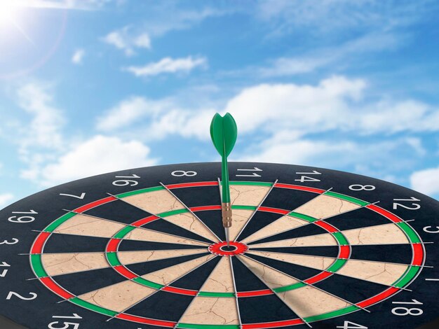 Fléchettes avec jeu de fléchettes avec concept de fond de ciel bleu pour atteindre l'objectif cible et le succès