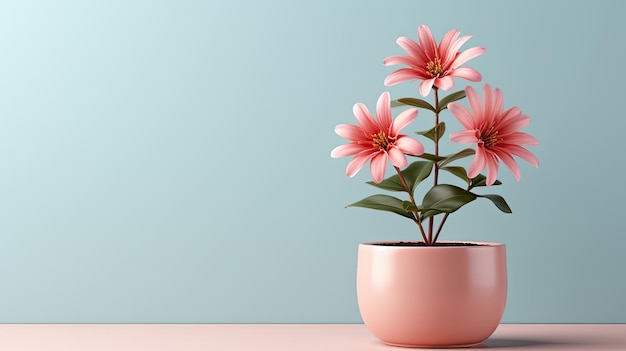 Photo fleur 3d avec pot sur un fond minimaliste