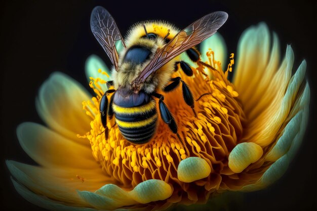 Fleur d'abeille jaune en fleurs avec abeille assise dessus