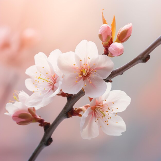 FLEUR D'AMANDES ISOLÉE SUR FOND BLEU ET ROSE