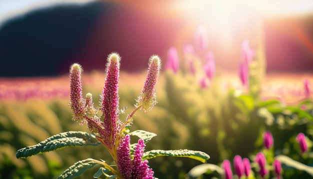 Fleur d'amarante dans la ferme avec fond ensoleillé