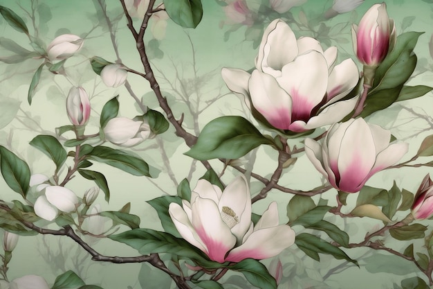 Fleur aquarelle décoration fond vert floral magnolia motif papier peint feuille sans soudure IA générative