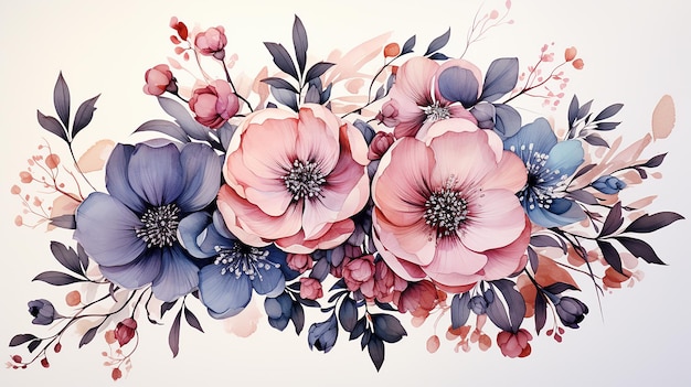 Fleur aquarelle Illustration peinte à la main avec des fleurs et des feuilles