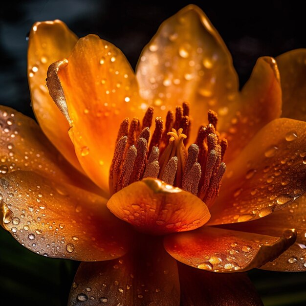 Fleur arafée avec des gouttelettes d'eau dessus dans l'ai générative sombre