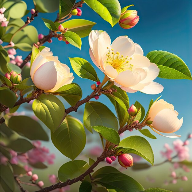 une fleur sur un arbre avec le ciel en arrière-plan