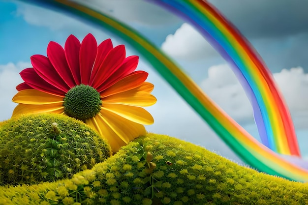 Une fleur avec un arc-en-ciel en arrière-plan