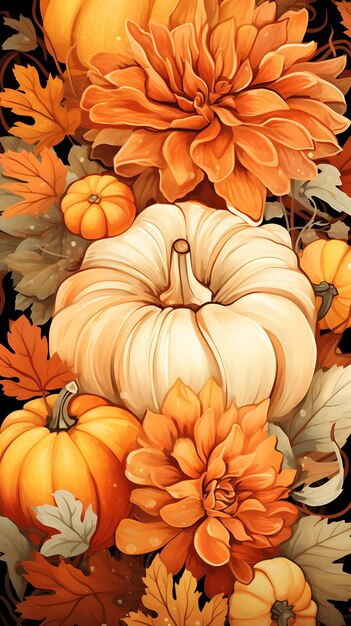 Fleur d'automne fond de citrouille d'automne joli modèle sans couture de Thanksgiving dessiné à la main avec des citrouilles