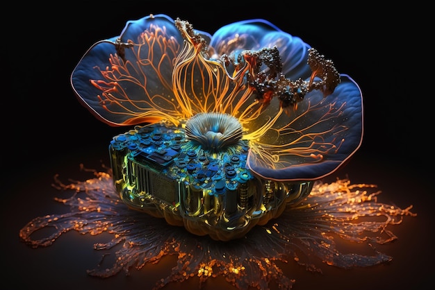 Photo fleur bioluminescente faite avec un fond sombre de micropuce