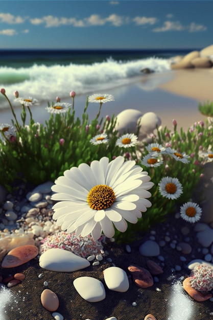 Fleur blanche assise au sommet d'une ai générative de plage de sable