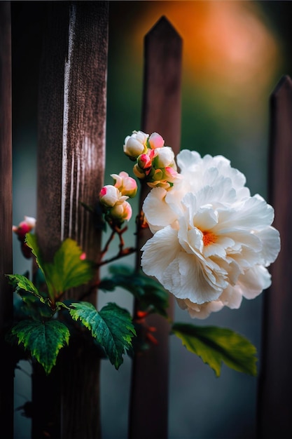 Fleur blanche assise au sommet d'une clôture en bois générative ai