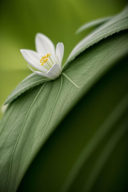 Une fleur blanche assise sur une feuille verte