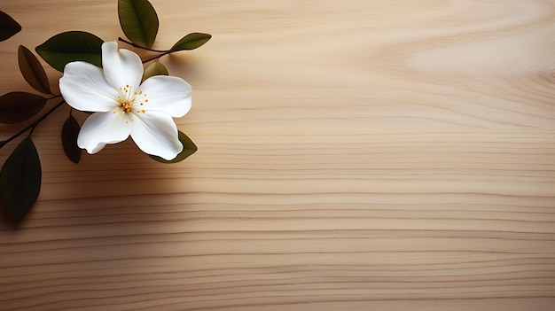 fleur blanche sur le coin du dessus de table en bois tourné avec espace de copie