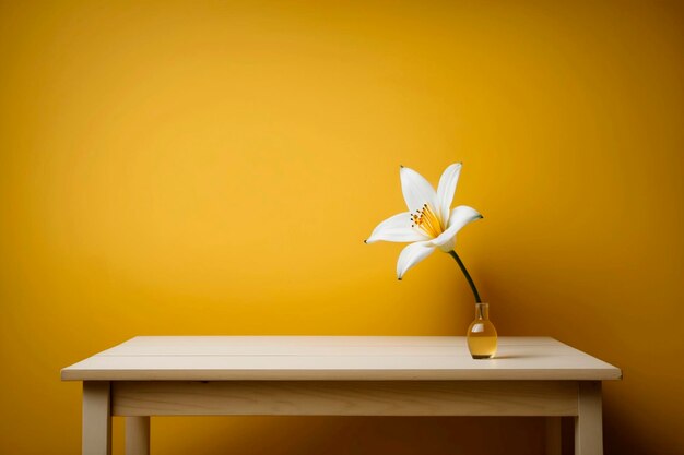 Une fleur blanche dans un vase sur une table avec un fond jaune.